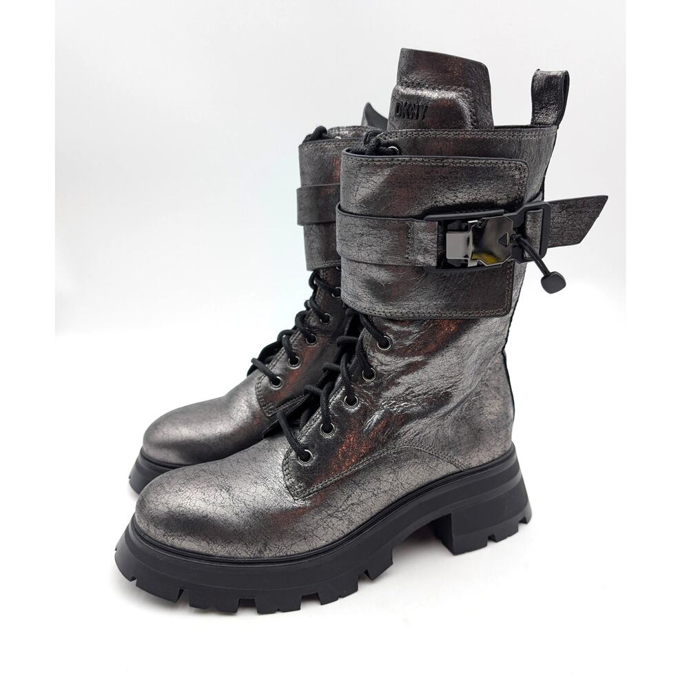 Dkny Sava Lace-Up Lug Sole Combat Boots Women's Dark Gunmetal Size US7.5M EU38